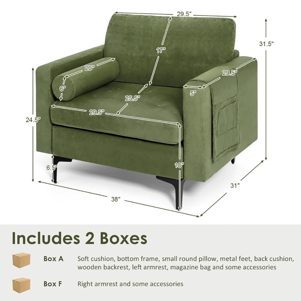 Hommoo Modern Accent Chair with Bolster and Side Storage Pocket-Army Green, Modern Mid-Century Upholstered Living Room Image 5