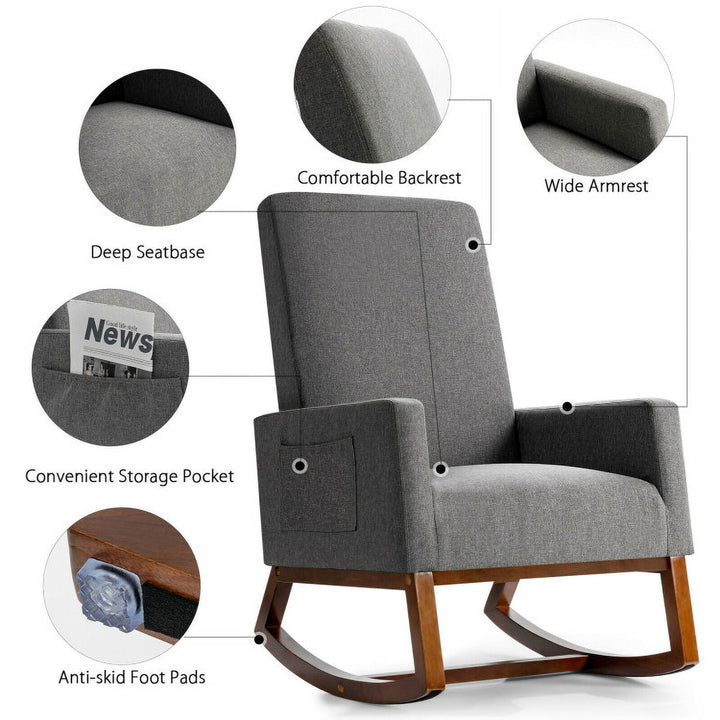 Hommoo Rocking High Back Upholstered Lounge Armchair with Side Pocket, Fabric Lazy Chair Large Accent Chair, Gray Image 2