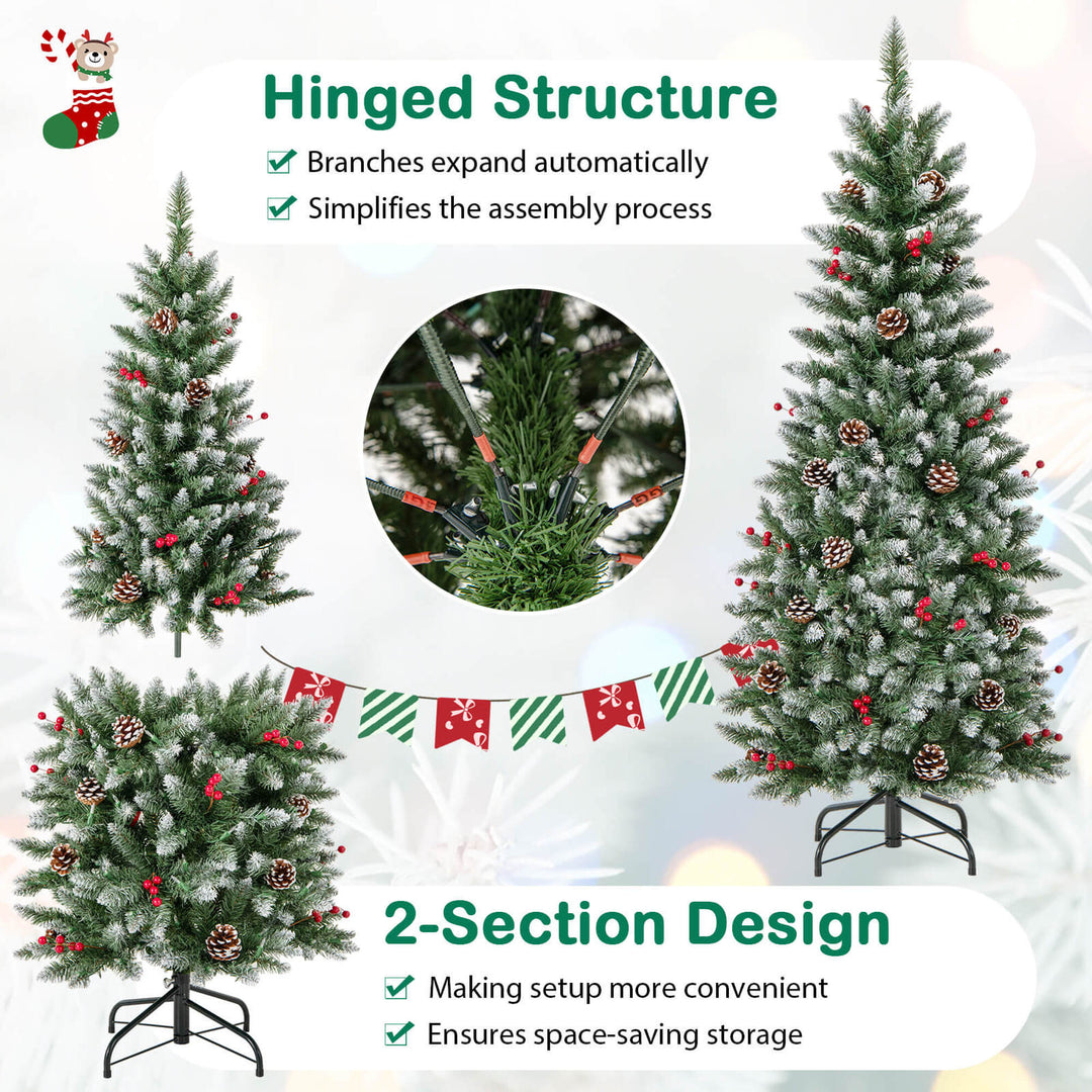 5ft Pre-lit Artificial Hinged Pencil Christmas Tree Decorated Snow Flocked Tips Image 7