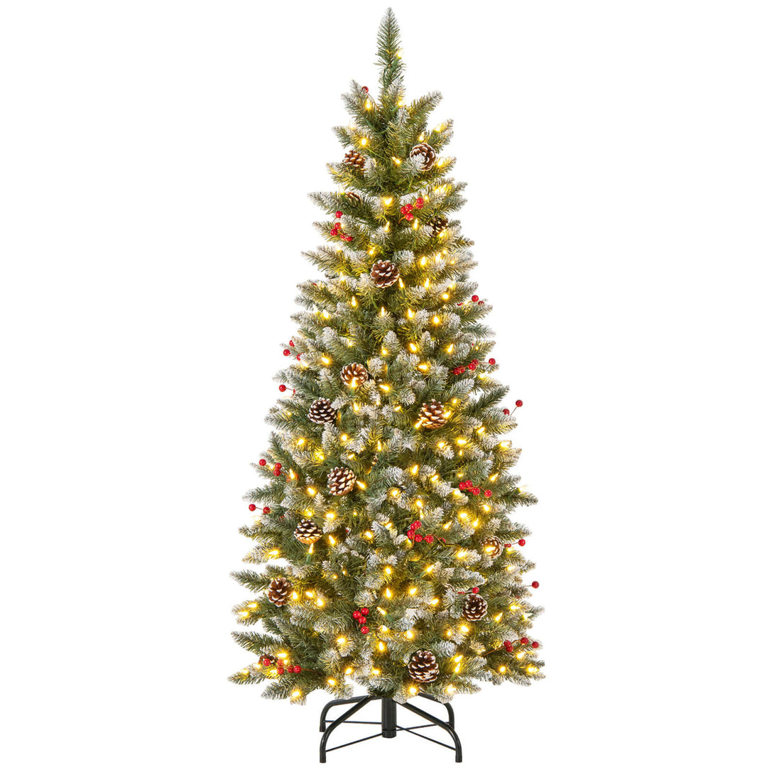 5ft Pre-lit Artificial Hinged Pencil Christmas Tree Decorated Snow Flocked Tips Image 10