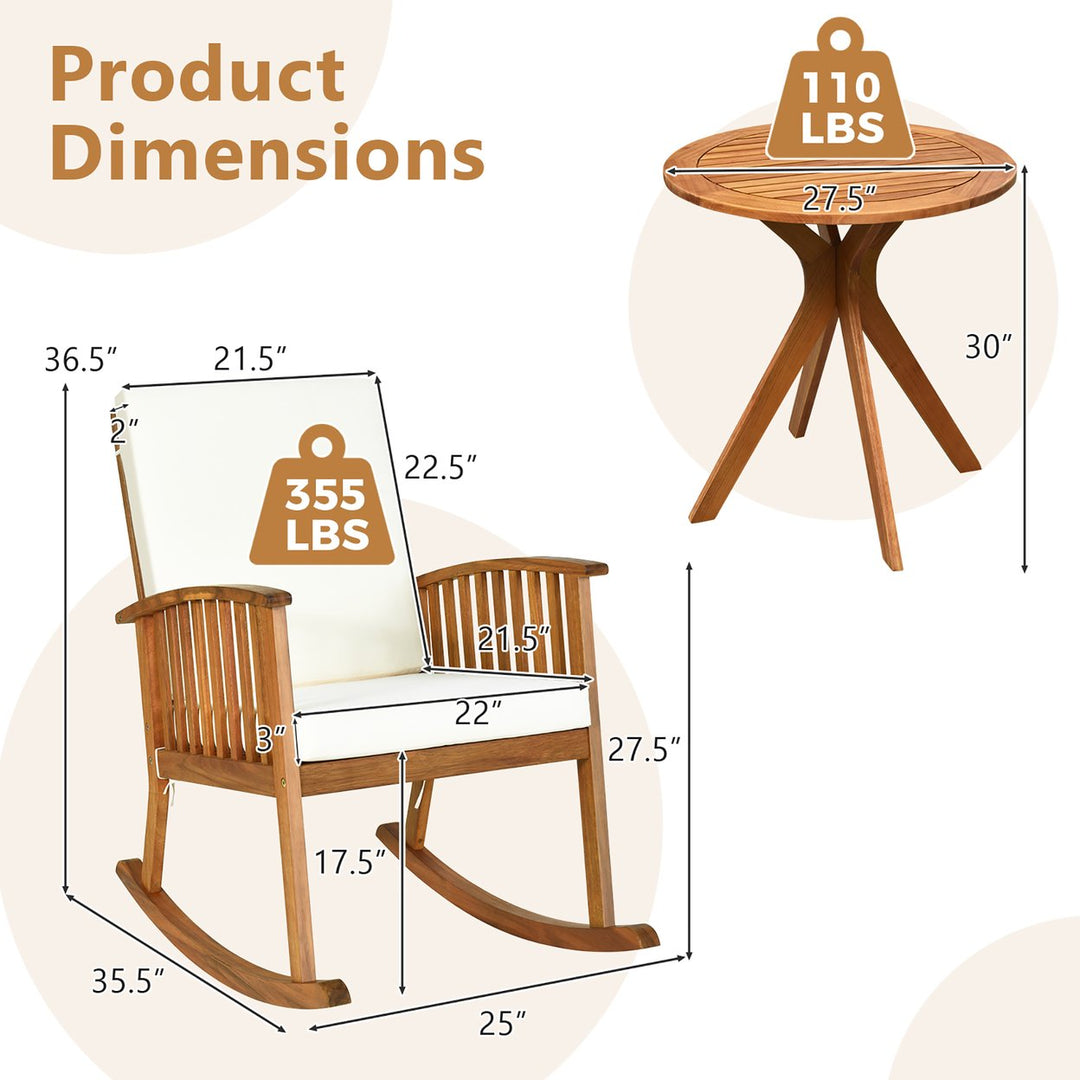 2PCS Patio Rocking Chair Set Round Table Solid Wood Cushioned Sofa Garden Deck Image 3