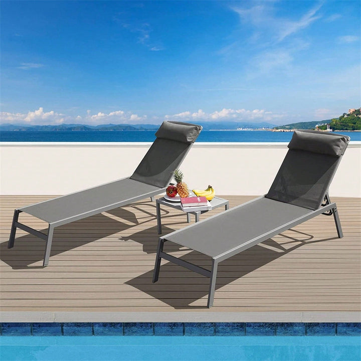 3 Pieces Aluminum Adjustable Pool Lounge Chairs Textilene Sunbathing Recliner With Headrest (Grey,2 Lounge Chairs+1 Image 4