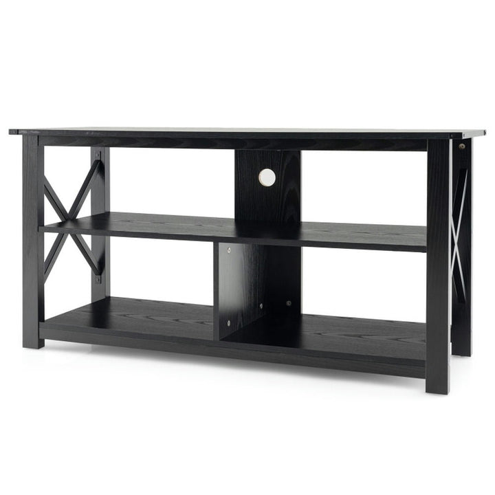 Hommoo 3 Tier Wood TV Stand for 55-Inch with Open Shelves and X-Shaped Frame-Black, Mid Century Modern TV Stand for Image 1