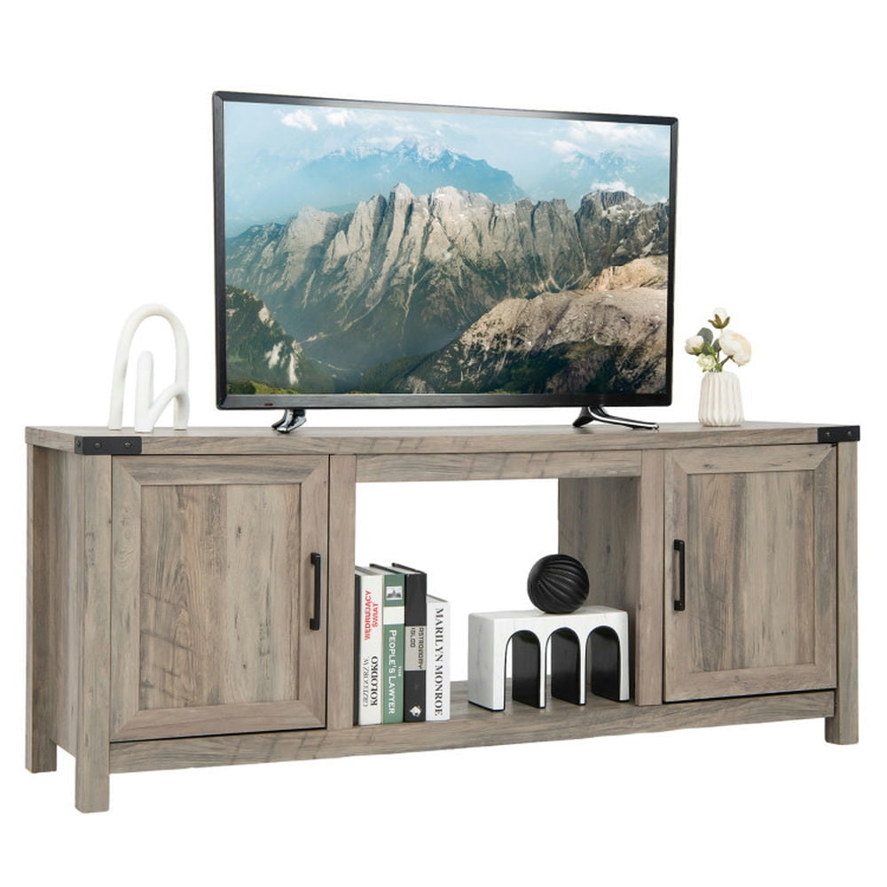 Hommoo Electric Fireplace TV Stand with Storage Cabinets for TVs up to 70 Inch-Natural, Mid Century Modern TV Stand for Image 4