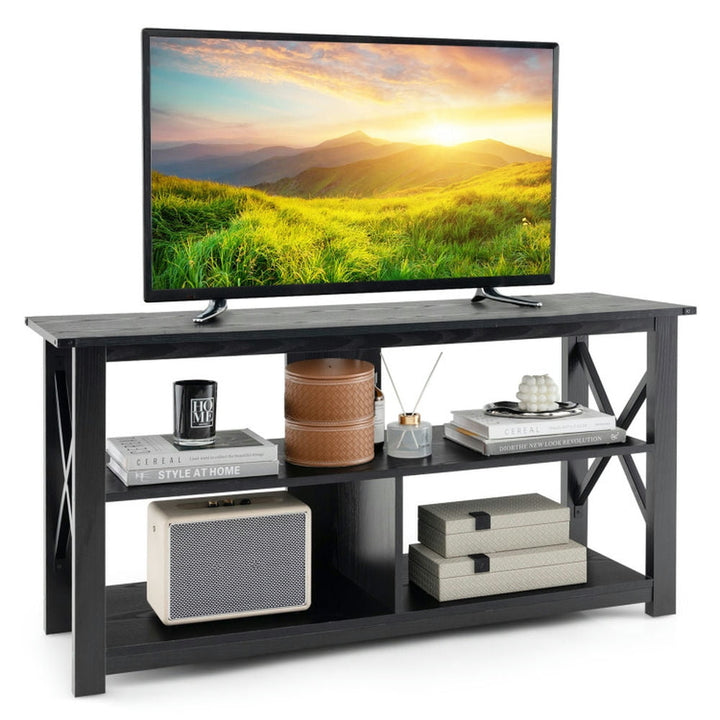 Hommoo 3 Tier Wood TV Stand for 55-Inch with Open Shelves and X-Shaped Frame-Black, Mid Century Modern TV Stand for Image 3