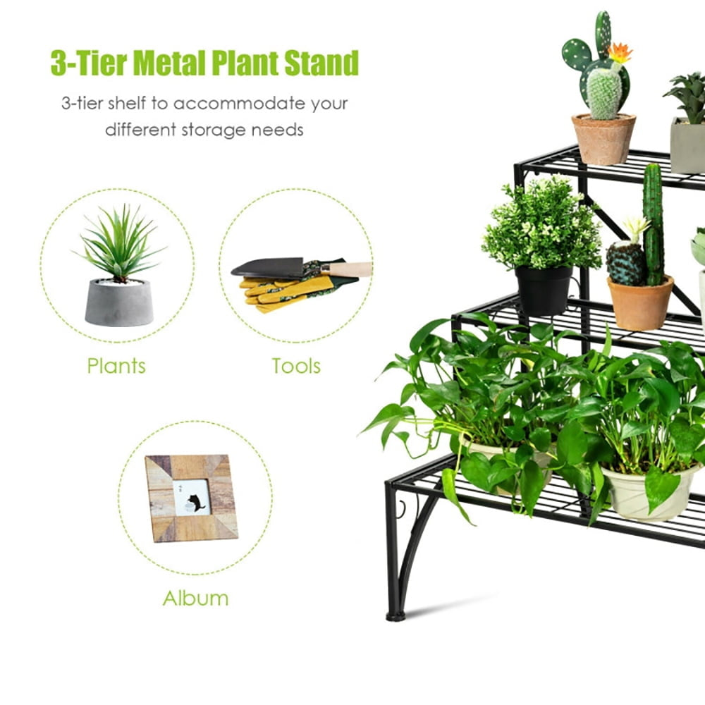 Hommoo Raised Planter Stand, Large Space Flower Rack Shelf,3-Tier Metal Plant Rack Garden Shelf in Stair Style Image 2