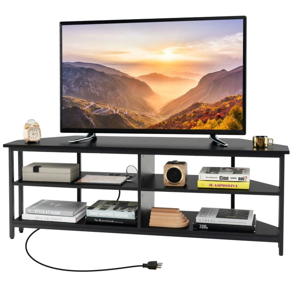 Hommoo 3-Tier Corner TV Stand for TVs up to 65 Inches with Charging Station- Black, Mid Century Modern TV Stand for Image 5