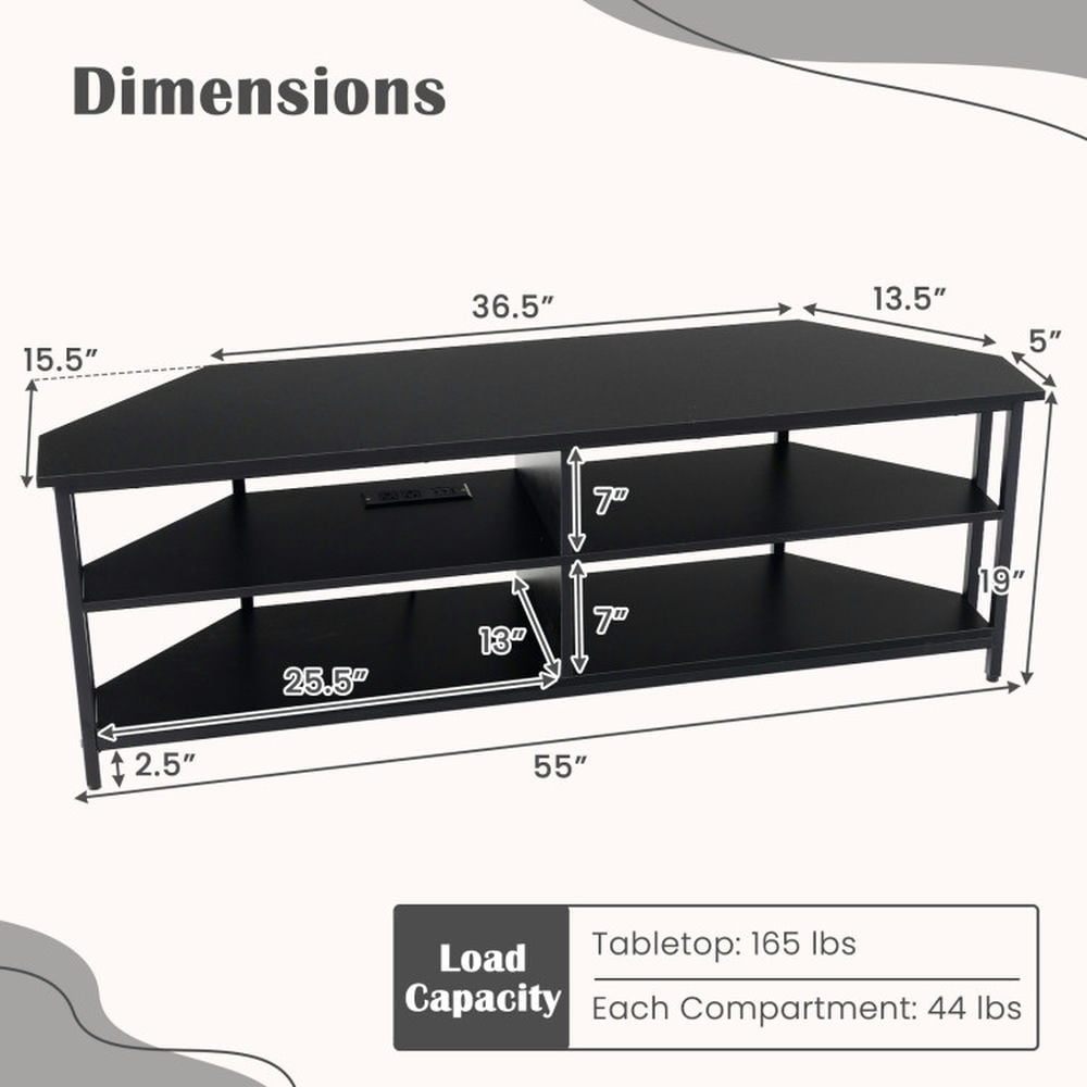 Hommoo 3-Tier Corner TV Stand for TVs up to 65 Inches with Charging Station- Black, Mid Century Modern TV Stand for Image 6