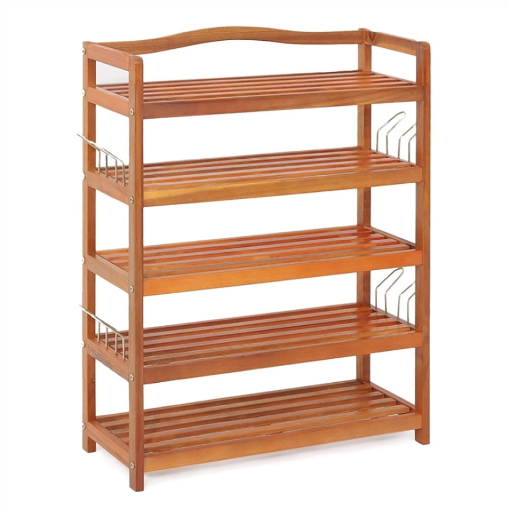 Hommoo 5-Tier Acacia Wood Shoe Rack with Side Metal Hooks, Space-Saving Shoe Rack Organizer for Closet Entryway Image 1