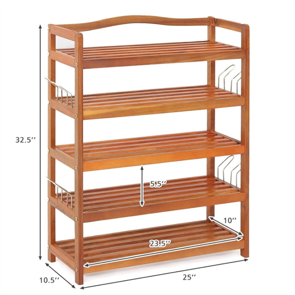 Hommoo 5-Tier Acacia Wood Shoe Rack with Side Metal Hooks, Space-Saving Shoe Rack Organizer for Closet Entryway Image 2