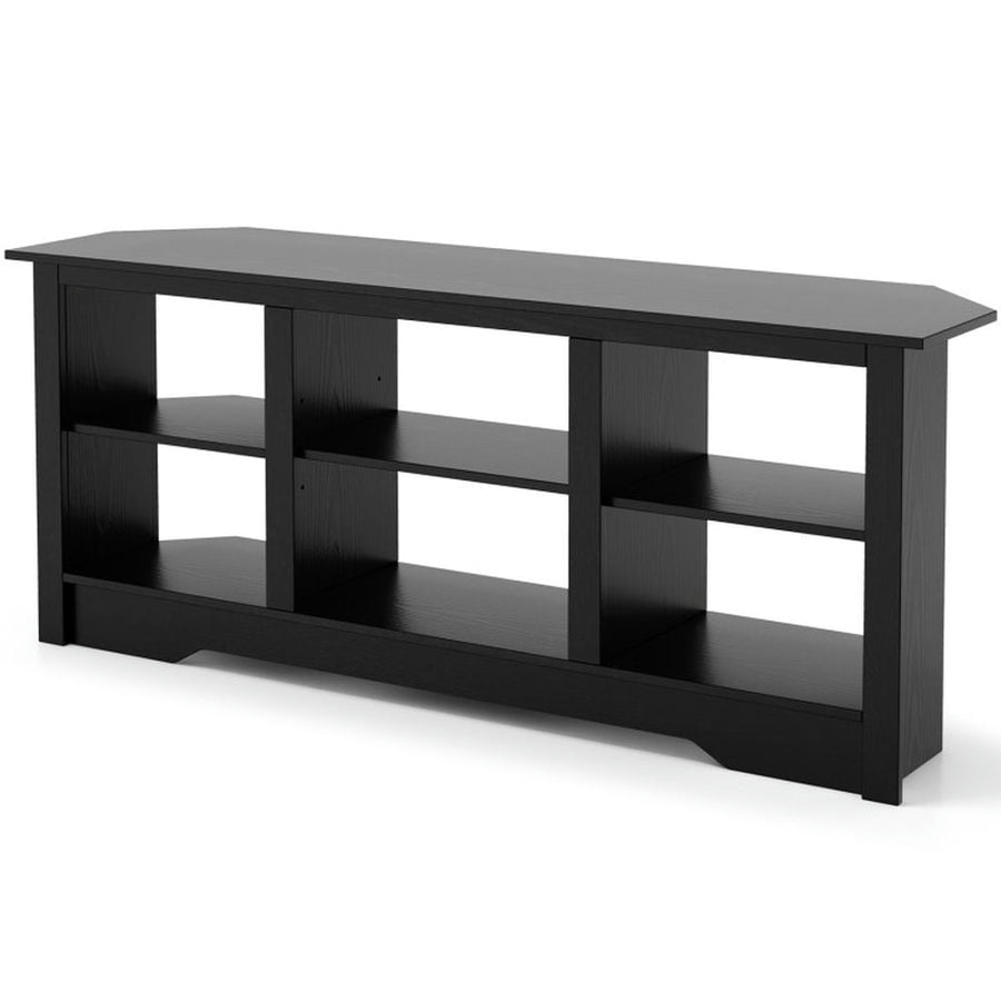 Hommoo 58 Inch TV Stand with 6 Open Storage Shelves for TVs up to 65 Inches-Black, Mid Century Modern TV Stand for Image 1