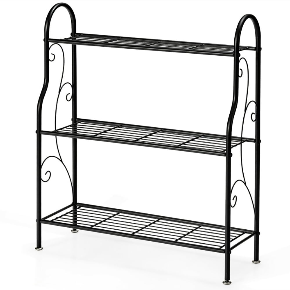 Hommoo Raised Planter Stand, Large Space Flower Rack Shelf,3-Tier Scrollwork Designed Metal Plant Stand-Black Image 1