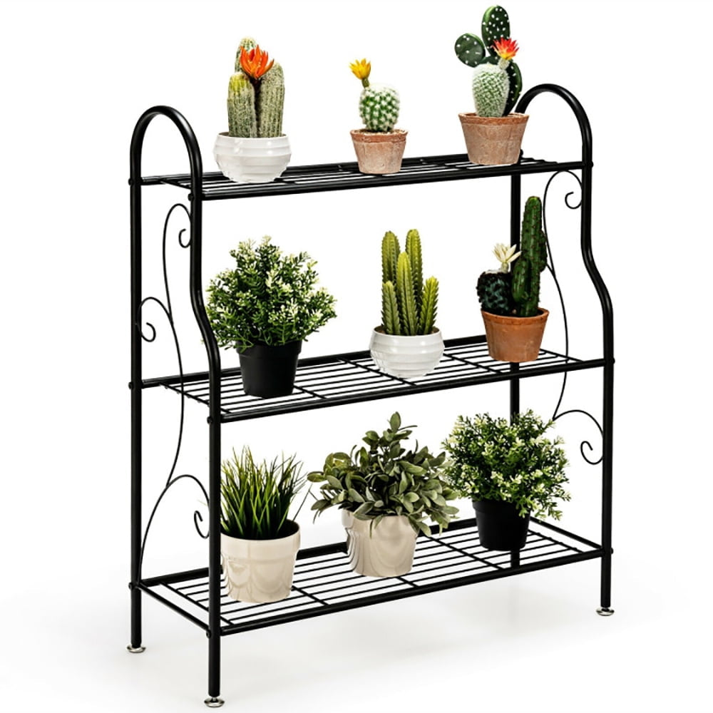 Hommoo Raised Planter Stand, Large Space Flower Rack Shelf,3-Tier Scrollwork Designed Metal Plant Stand-Black Image 2