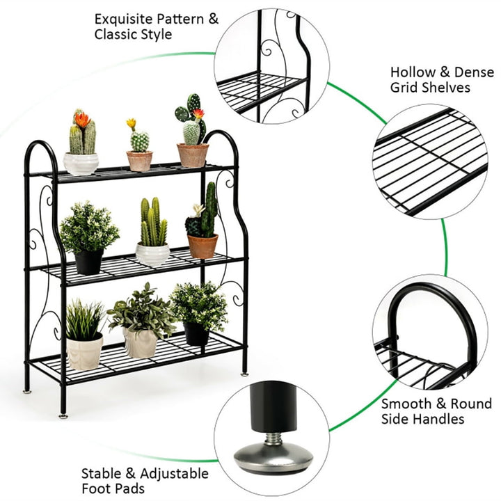 Hommoo Raised Planter Stand, Large Space Flower Rack Shelf,3-Tier Scrollwork Designed Metal Plant Stand-Black Image 3