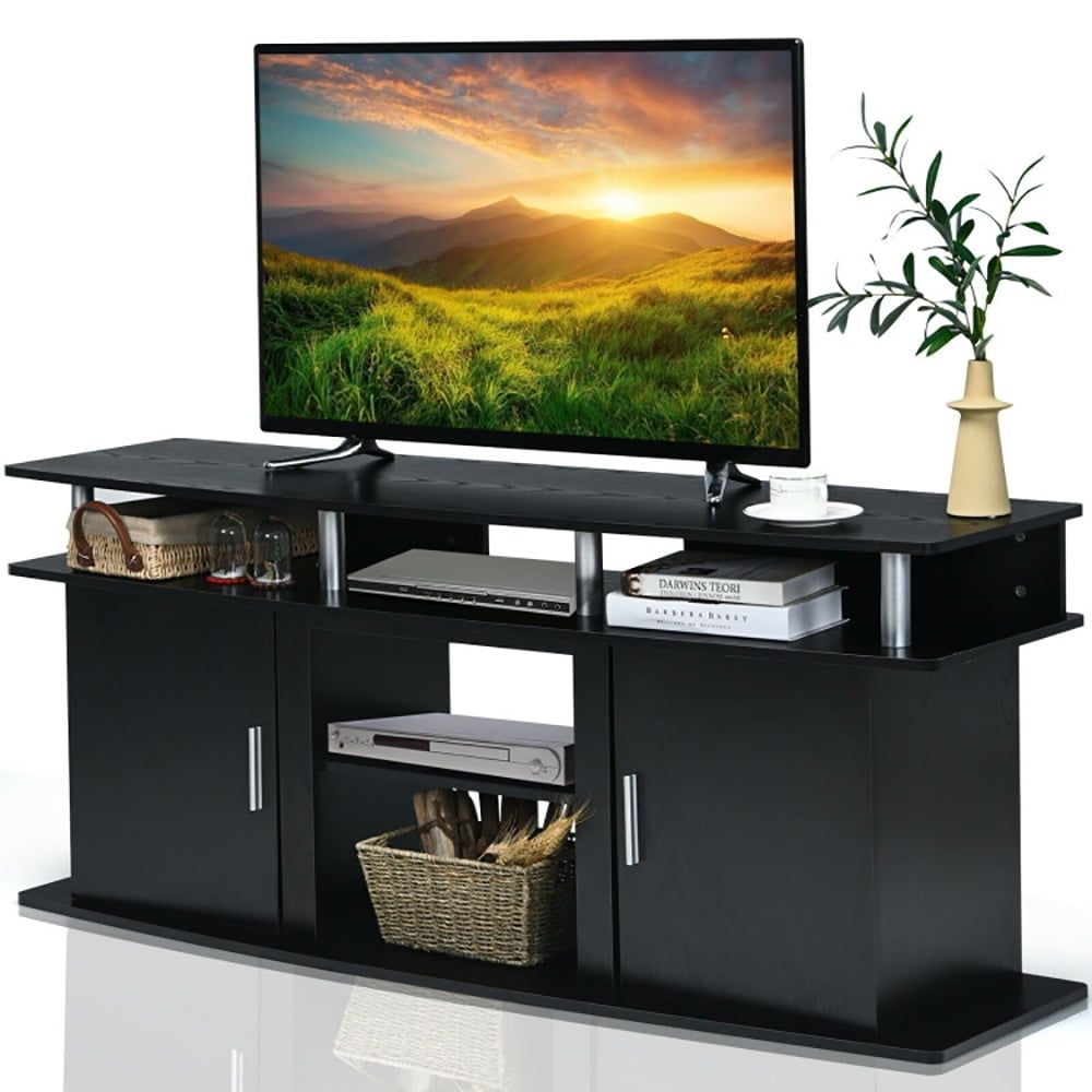 Hommoo Entertainment Centers,TV Stands,63 Inch TV Entertainment Console Center with 2 Cabinets-Black Image 2