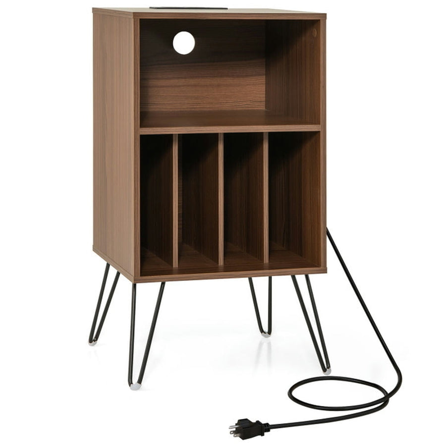 Hommoo Record Player Stand with Charging Station, Nightstand Small Side Table, End Table for Bedroom Living Room, Walnut Image 1