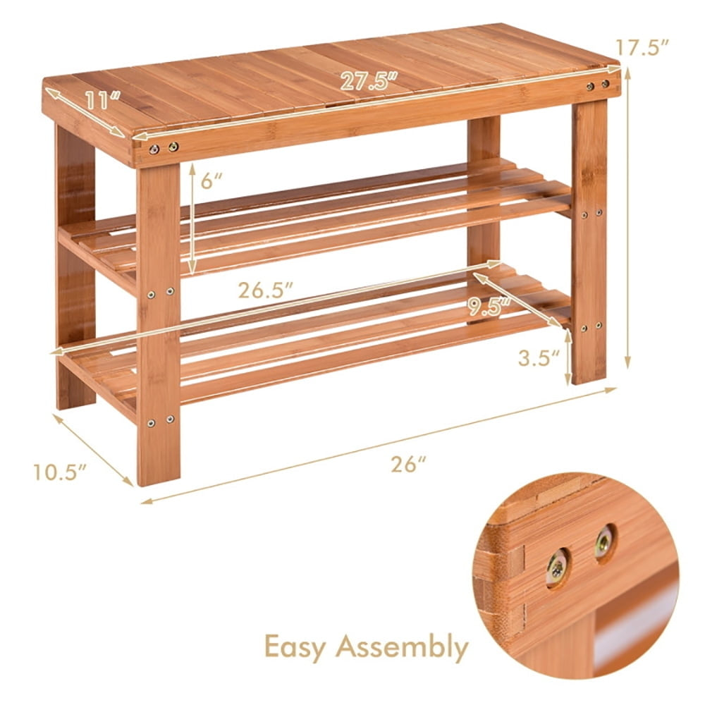 Hommoo 3 Tier Bamboo Bench Storage Shoe Shelf-Natural, Space-Saving Shoe Rack Organizer for Closet Entryway Image 5