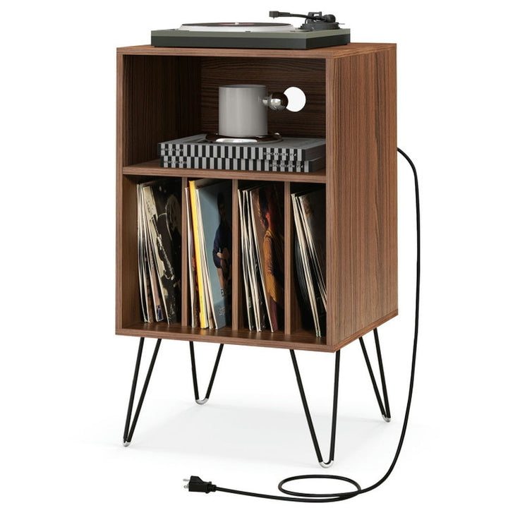 Hommoo Record Player Stand with Charging Station, Nightstand Small Side Table, End Table for Bedroom Living Room, Walnut Image 4