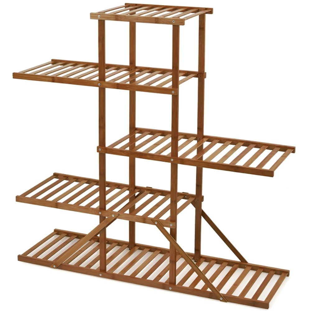 Hommoo Raised Planter Stand, Large Space Flower Rack Shelf,5-tier 10 Potted Bamboo Plant Stand-Brown Image 1