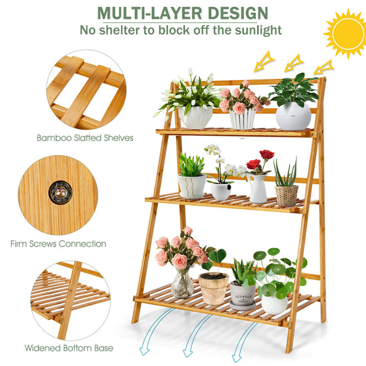 Hommoo Raised Planter Stand, Large Space Flower Rack Shelf,3-Tier Bamboo Foldable Plant Stand with Display Shelf Image 2