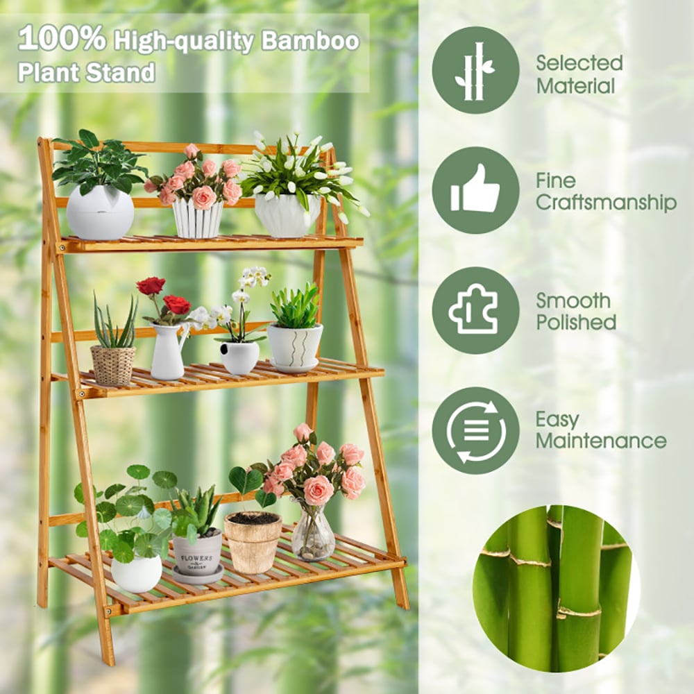 Hommoo Raised Planter Stand, Large Space Flower Rack Shelf,3-Tier Bamboo Foldable Plant Stand with Display Shelf Image 5