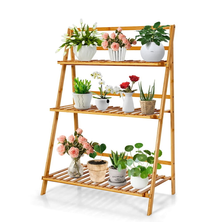 Hommoo Raised Planter Stand, Large Space Flower Rack Shelf,3-Tier Bamboo Foldable Plant Stand with Display Shelf Image 6