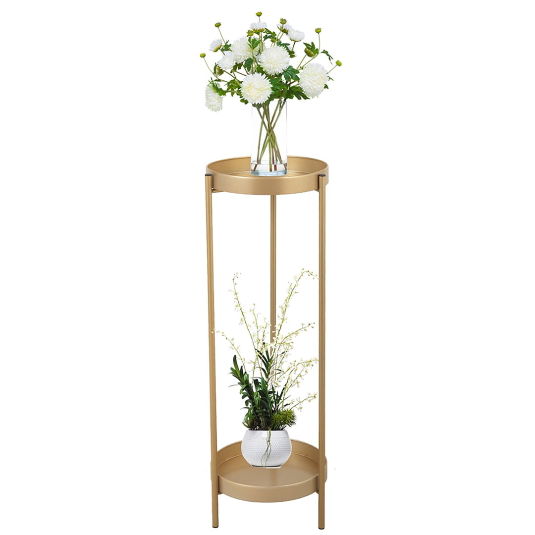 Hommoo Modern Folding Metal 2-Tier Plant Stand Potted Plant Holder Shelf with 2 Round Trays Indoor Outdoor, Golden Image 3