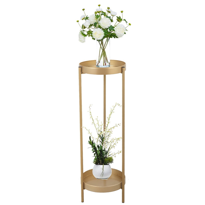 Hommoo Modern Folding Metal 2-Tier Plant Stand Potted Plant Holder Shelf with 2 Round Trays Indoor Outdoor, Golden Image 3