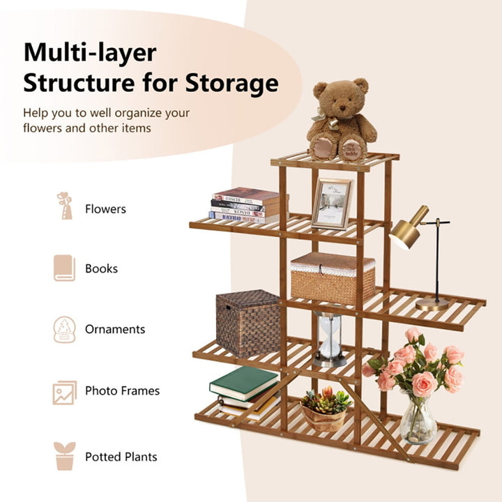 Hommoo Raised Planter Stand, Large Space Flower Rack Shelf,5-tier 10 Potted Bamboo Plant Stand-Brown Image 5