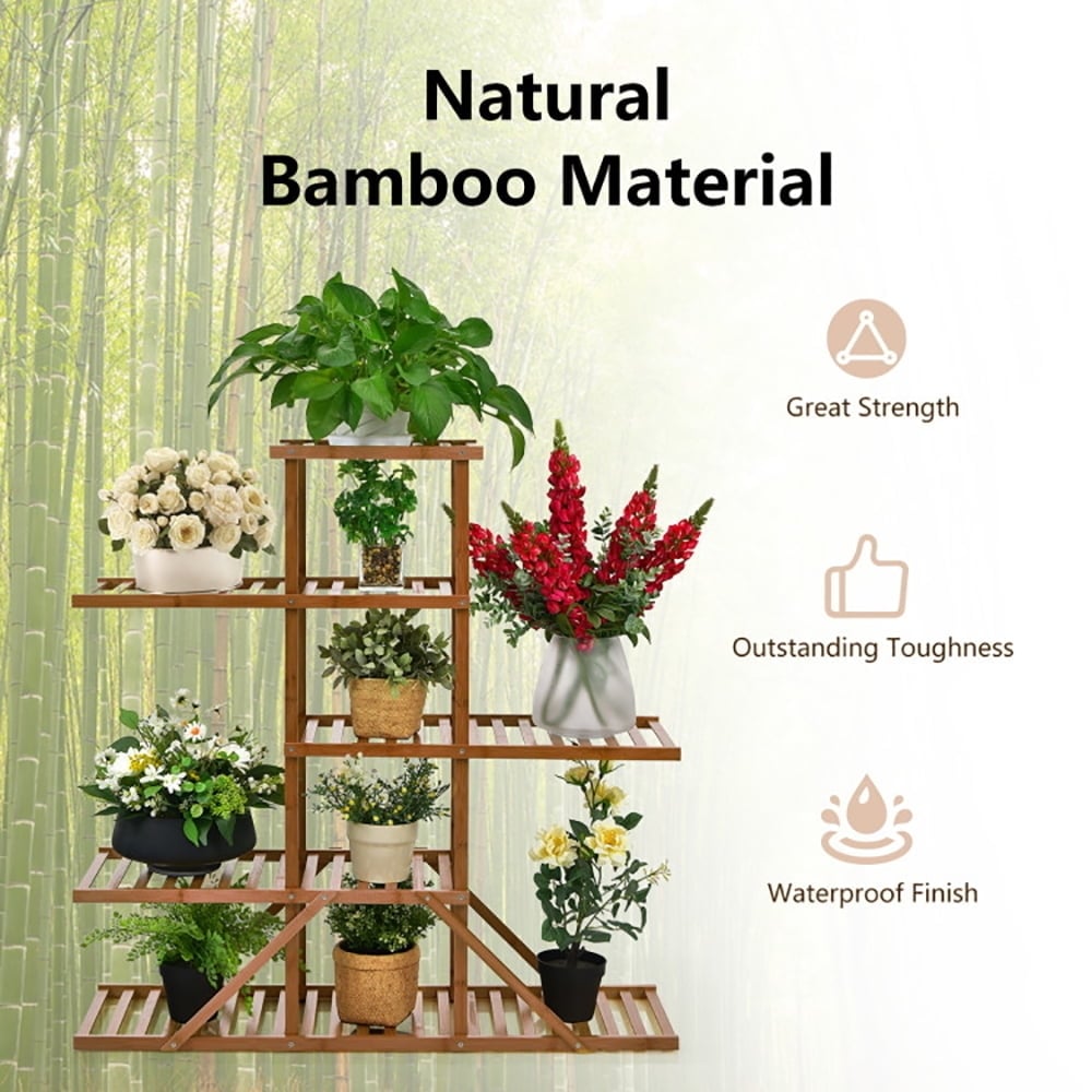 Hommoo Raised Planter Stand, Large Space Flower Rack Shelf,5-tier 10 Potted Bamboo Plant Stand-Brown Image 6