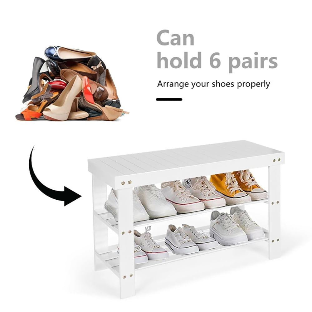 Hommoo 3-Tier Bamboo Shoe Bench Holds up to 6 Pairs for Entry-White, Space-Saving Shoe Rack Organizer for Closet Image 3