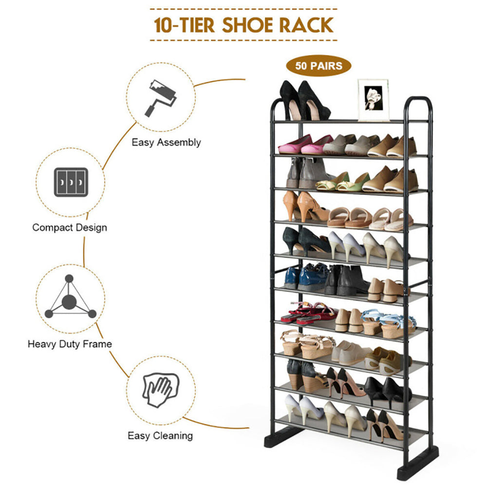 Hommoo 10-Tier Free-Standing Metal Frame Shoe Rack, Space-Saving Shoe Rack Organizer for Closet Entryway Image 6