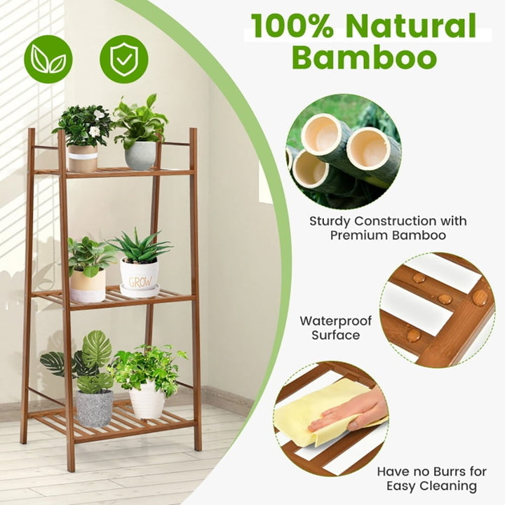 Hommoo Raised Planter Stand, Large Space Flower Rack Shelf,3 Tiers Vertical Bamboo Plant Stand-Brown Image 3