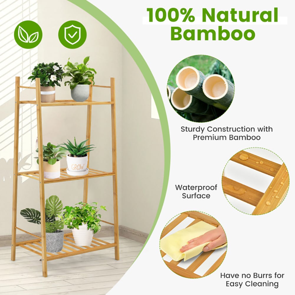 Hommoo Raised Planter Stand, Large Space Flower Rack Shelf,3 Tiers Vertical Bamboo Plant Stand-Natural Image 2