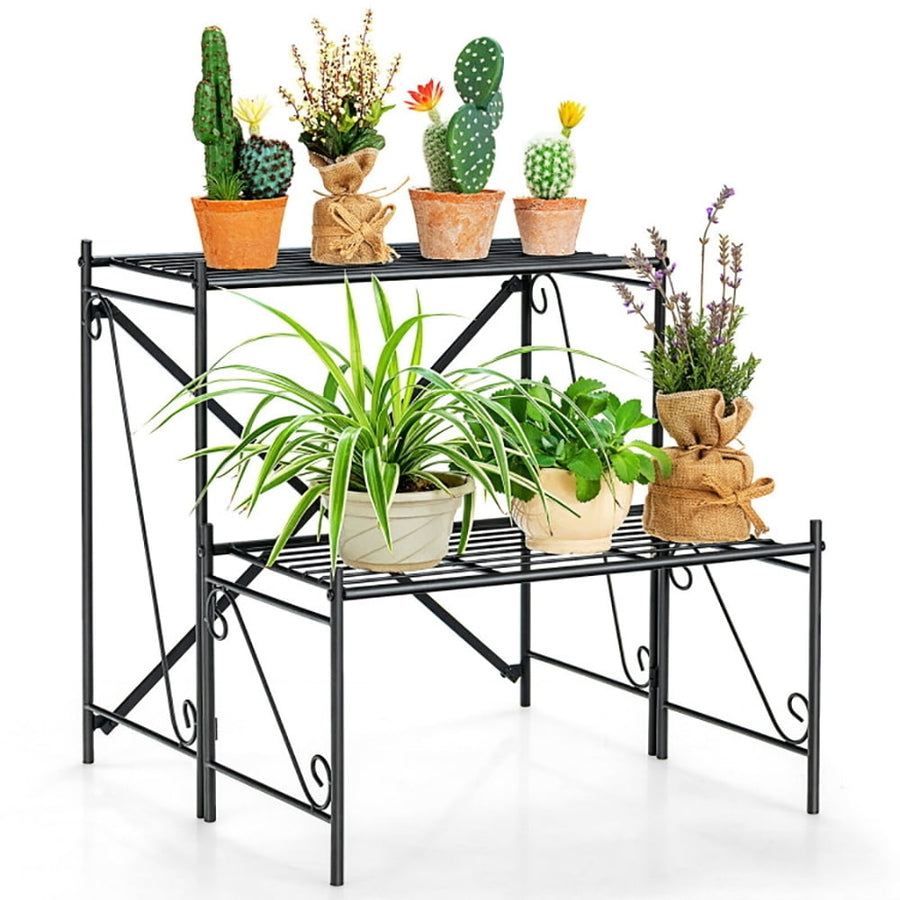 Hommoo Raised Planter Stand, Large Space Flower Rack Shelf,2-Tier Stair Style Metal Plant Stand for Indoor and Image 1