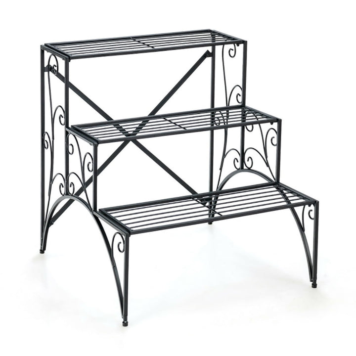 Hommoo Raised Planter Stand, Large Space Flower Rack Shelf,3-Tier Metal Plant Stand with Widened Grid Shelf for Porch Image 1