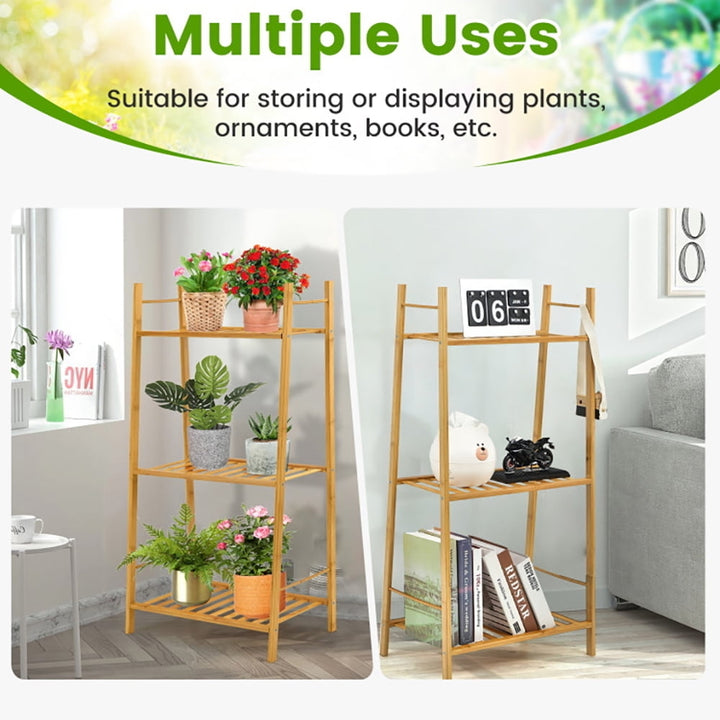 Hommoo Raised Planter Stand, Large Space Flower Rack Shelf,3 Tiers Vertical Bamboo Plant Stand-Natural Image 5