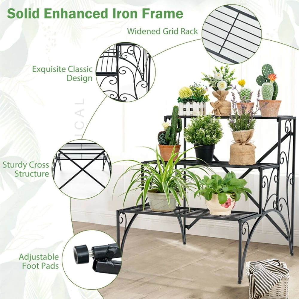 Hommoo Raised Planter Stand, Large Space Flower Rack Shelf,3-Tier Metal Plant Stand with Widened Grid Shelf for Porch Image 4