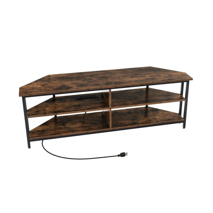 Hommoo 3-Tier Corner TV Stand for TVs up to 65 Inches with Charging Station- Rustic Brown Image 1