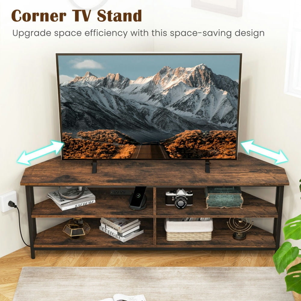 Hommoo 3-Tier Corner TV Stand for TVs up to 65 Inches with Charging Station- Rustic Brown Image 6