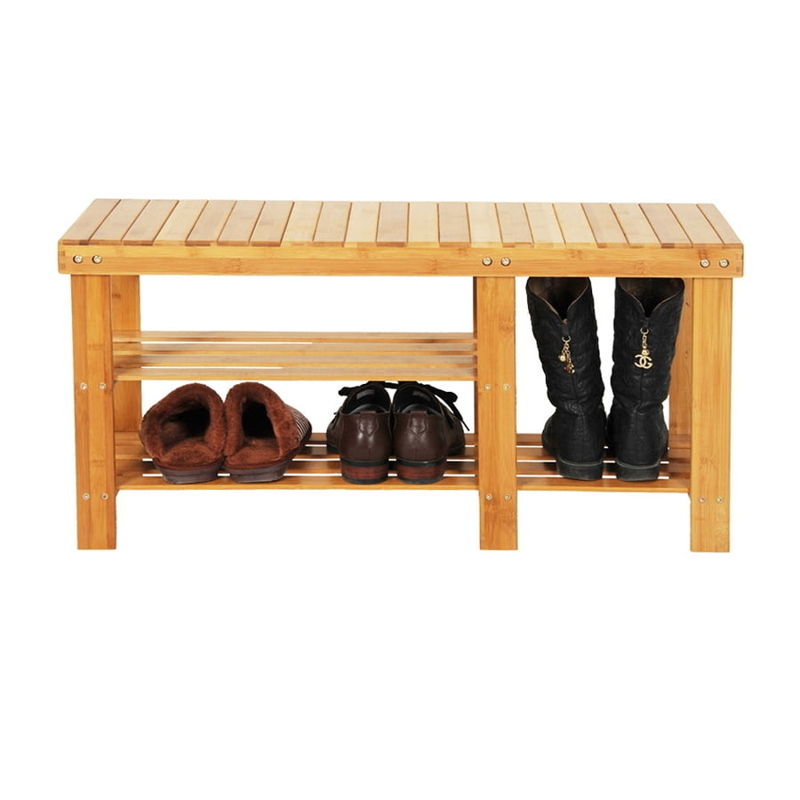 Hommoo 2 Tier Strip Pattern Storage Stool, Shoe Bench Rack with Boots Compartment Shoe Rack, Bamboo, Wood Color Image 1