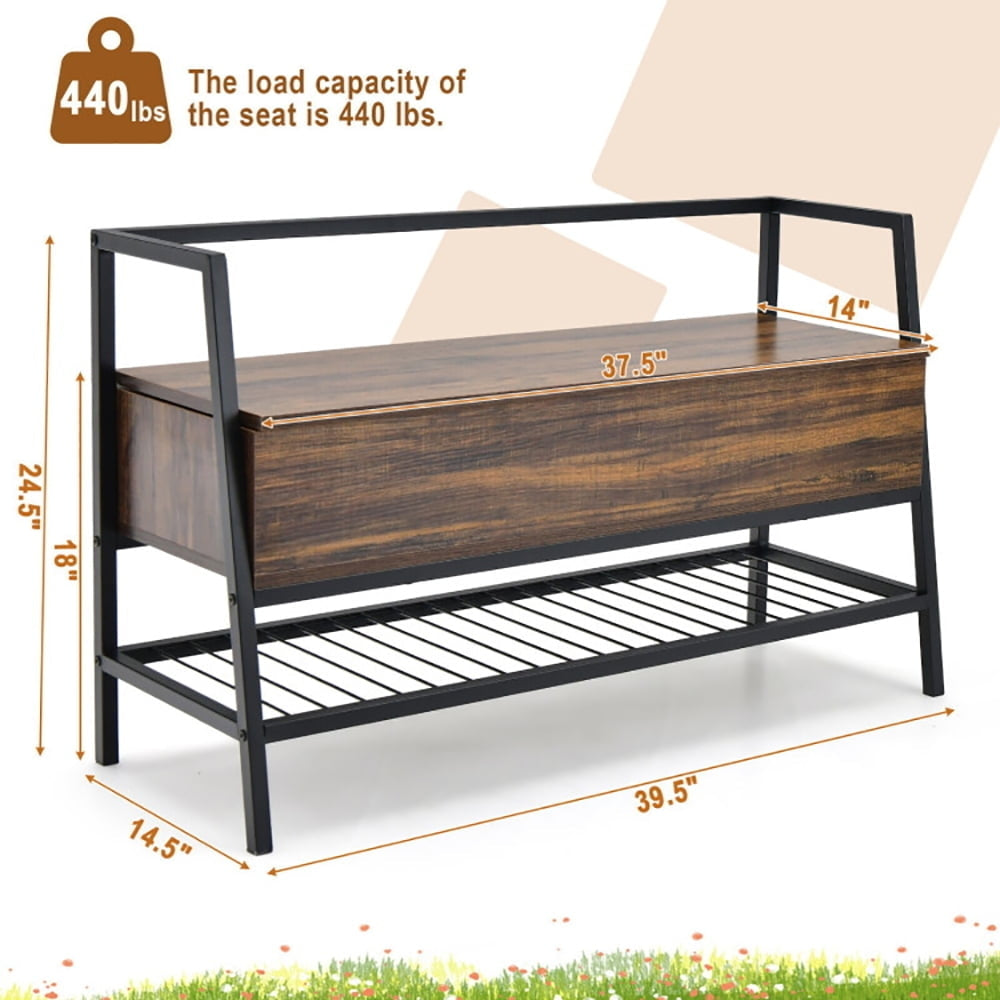 Hommoo Industrial Shoe Bench with Storage Space and Metal Handrail-Rustic Brown, Space-Saving Shoe Rack Organizer for Image 5