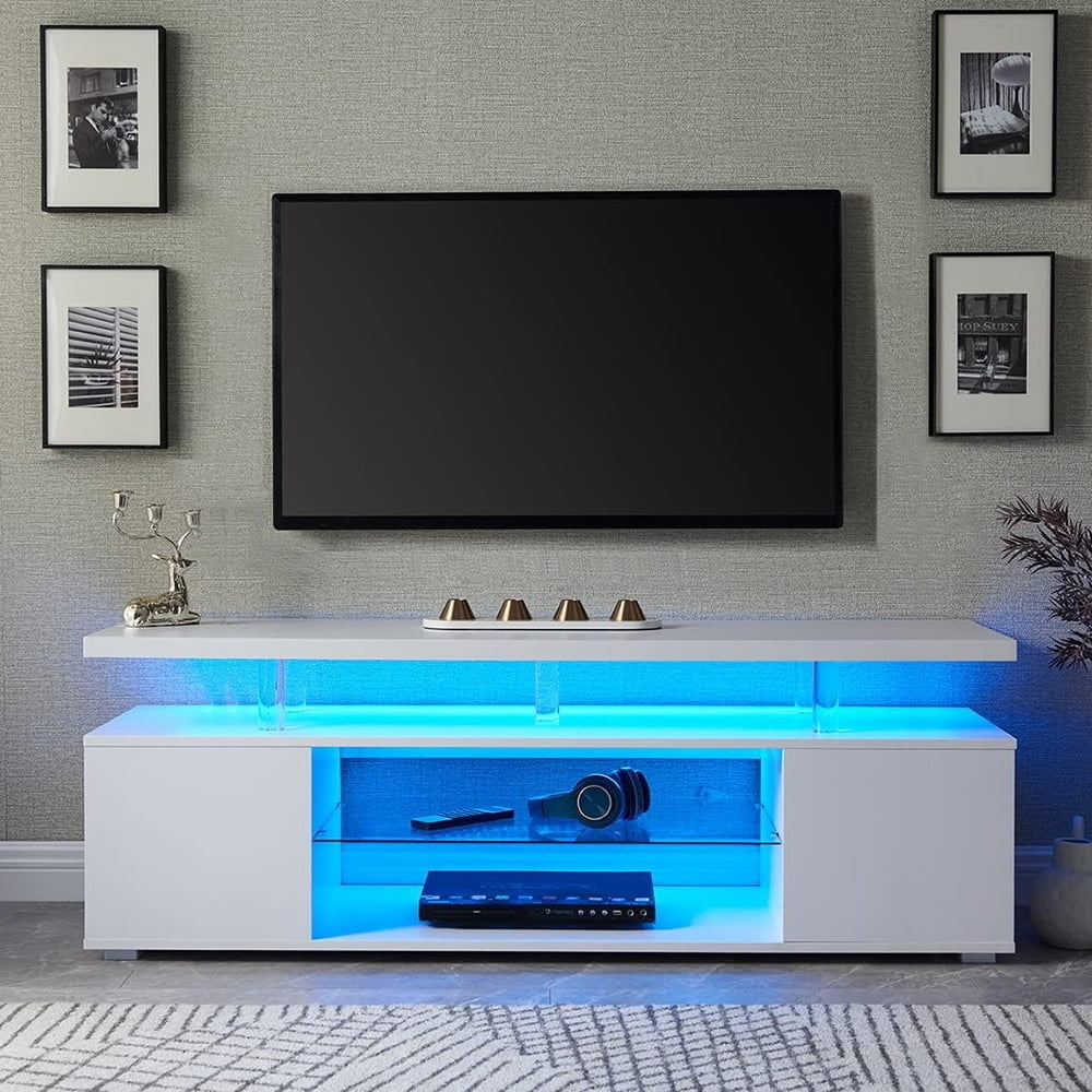 Hommoo TV Console Table, 70" TV Stand, White, Modern Decor, Media Storage, Large Cabinet, 63"L x 16"W x 21"H Image 1