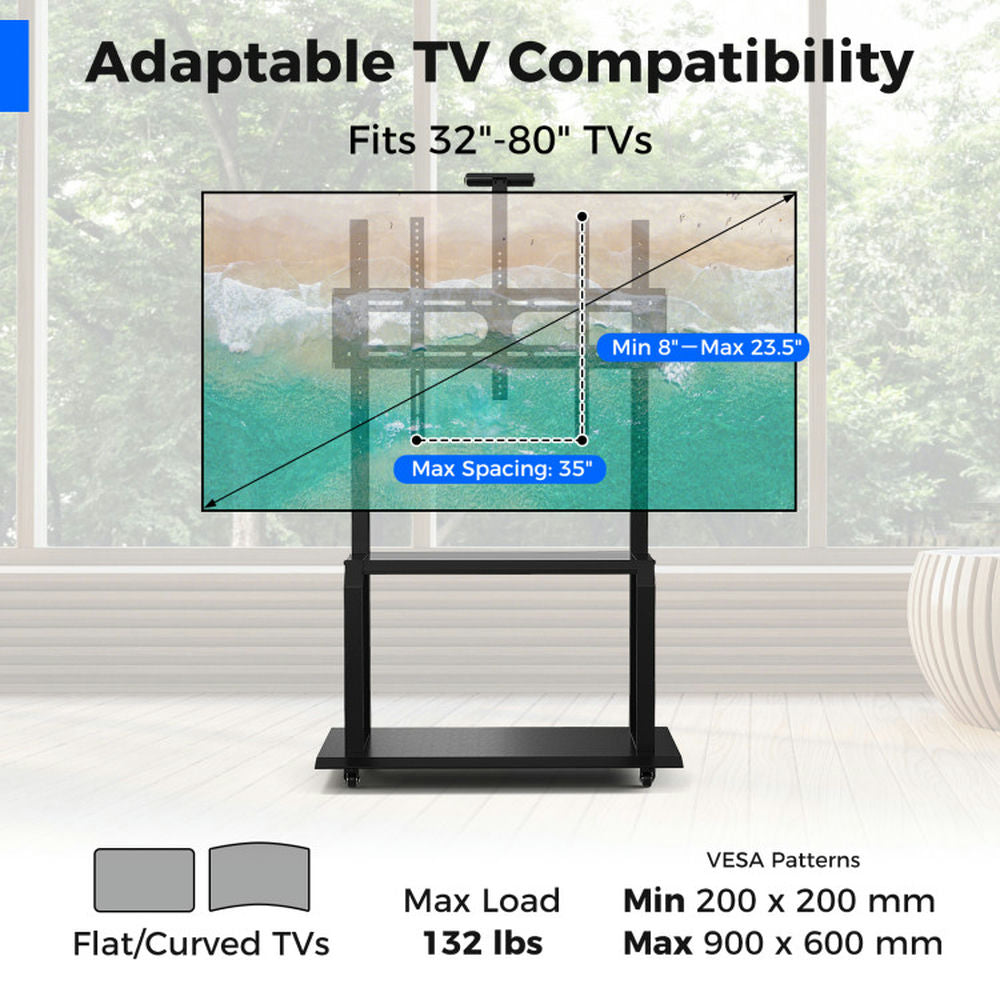 Hommoo Mobile TV Stand with Camera Shelf and AV Shelves for 32-80 Inch Flat/Curved TVs, Mid Century Modern TV Stand for Image 3