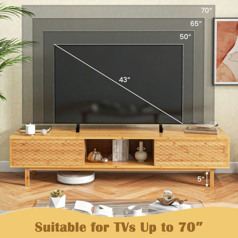 Hommoo Television Console Table,63 Inches Mid Century Modern Bamboo TV Stand with Sliding Doors-Natural Image 2