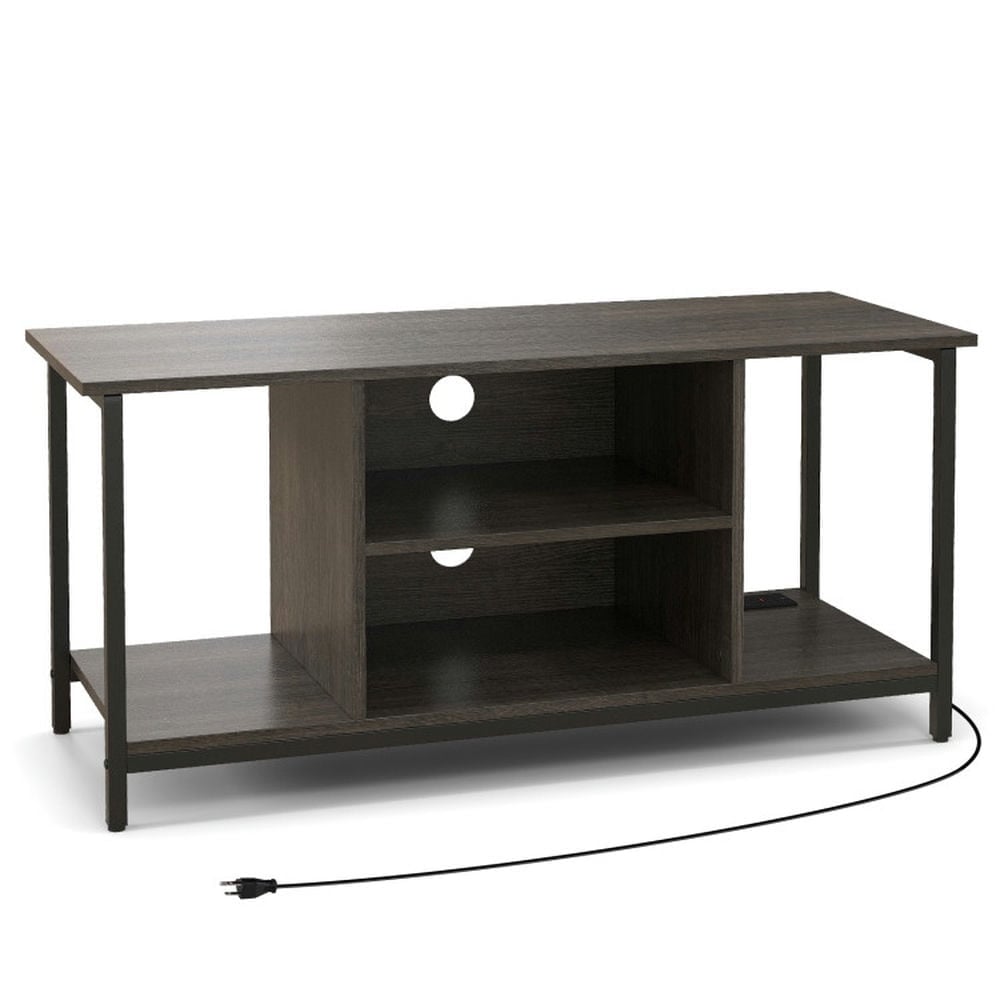 Hommoo Television Console Table,3-Tier TV Stand with Power Outlet USB and Adjustable Shelf-Gray Image 1