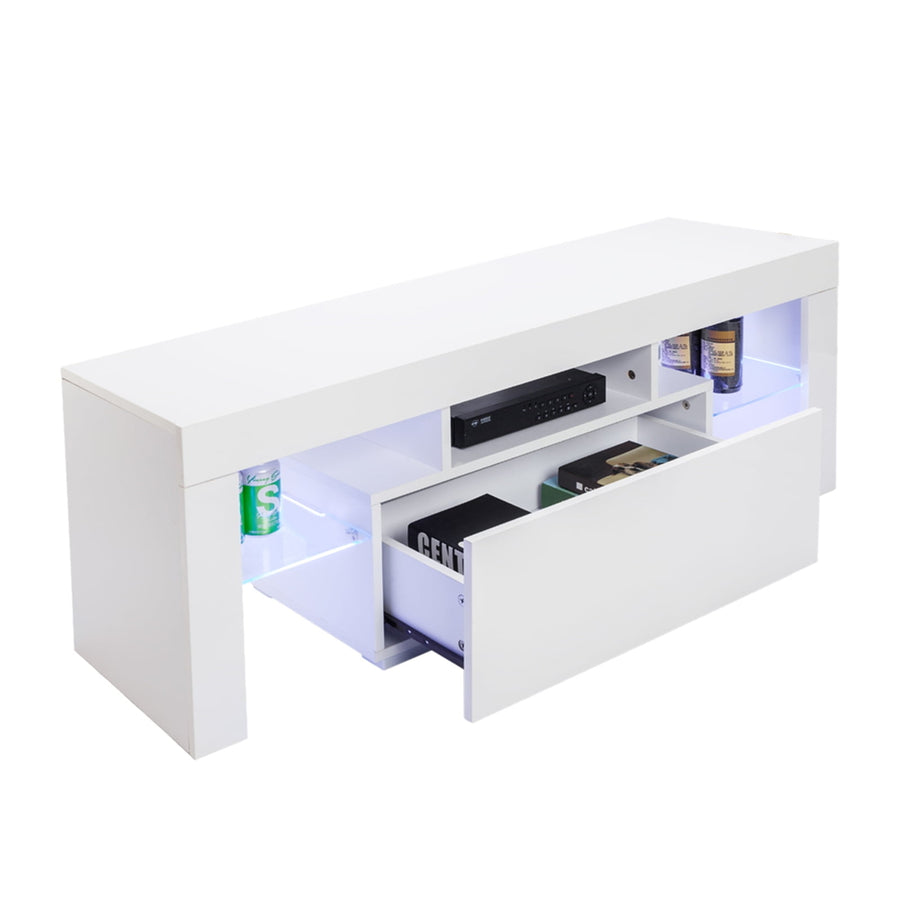 Hommoo Modern TV Stand with LED Lights, High Gloss Entertainment Center Media Console Table - White Image 1