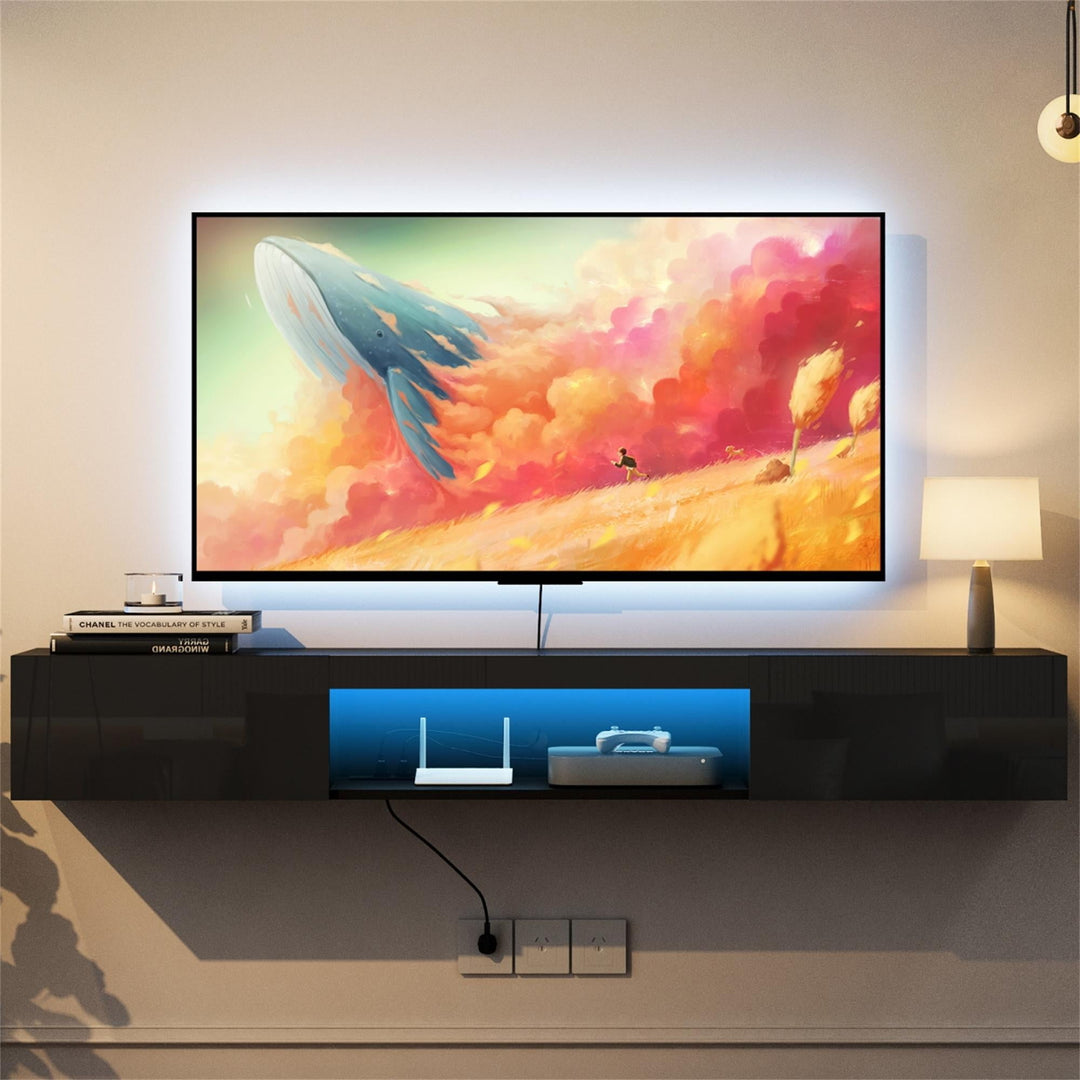 Hommoo Floating TV Stand Wall Mounted with LED Lights and Charging Station, Modern High Gloss Entertainment Center for Image 1