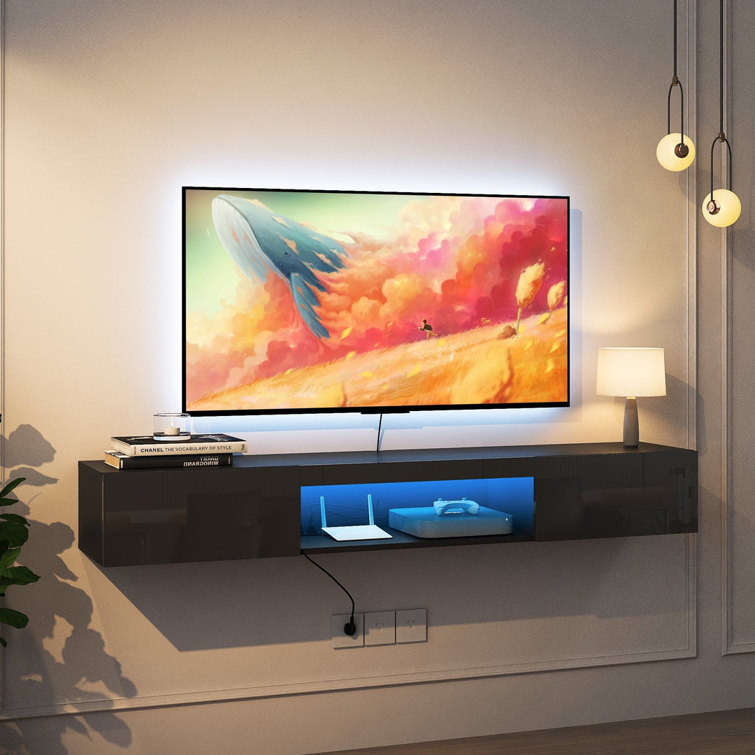 Hommoo Floating TV Stand Wall Mounted with LED Lights and Charging Station, Modern High Gloss Entertainment Center for Image 2