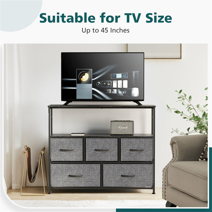 Hommoo Bedroom TV Stand with Drawer Storage, Entertainment Center Featuring Open Metal Display Shelf and 5 Fabric Image 2